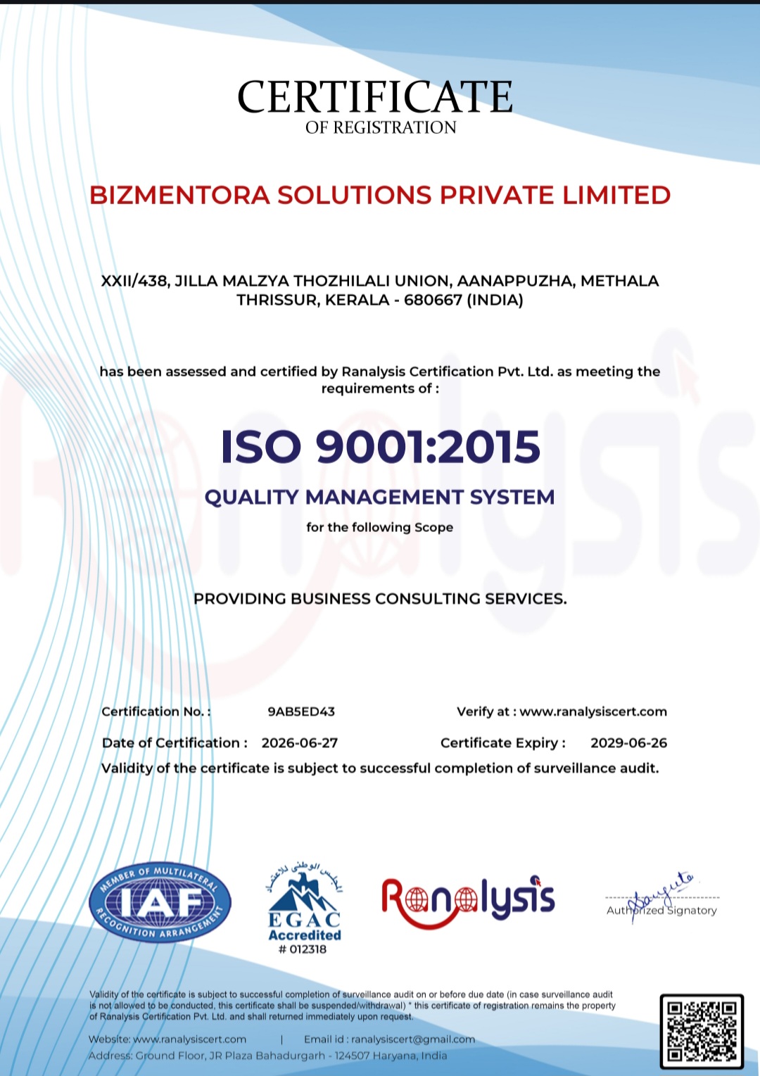 Bizmentora ISO Certificate