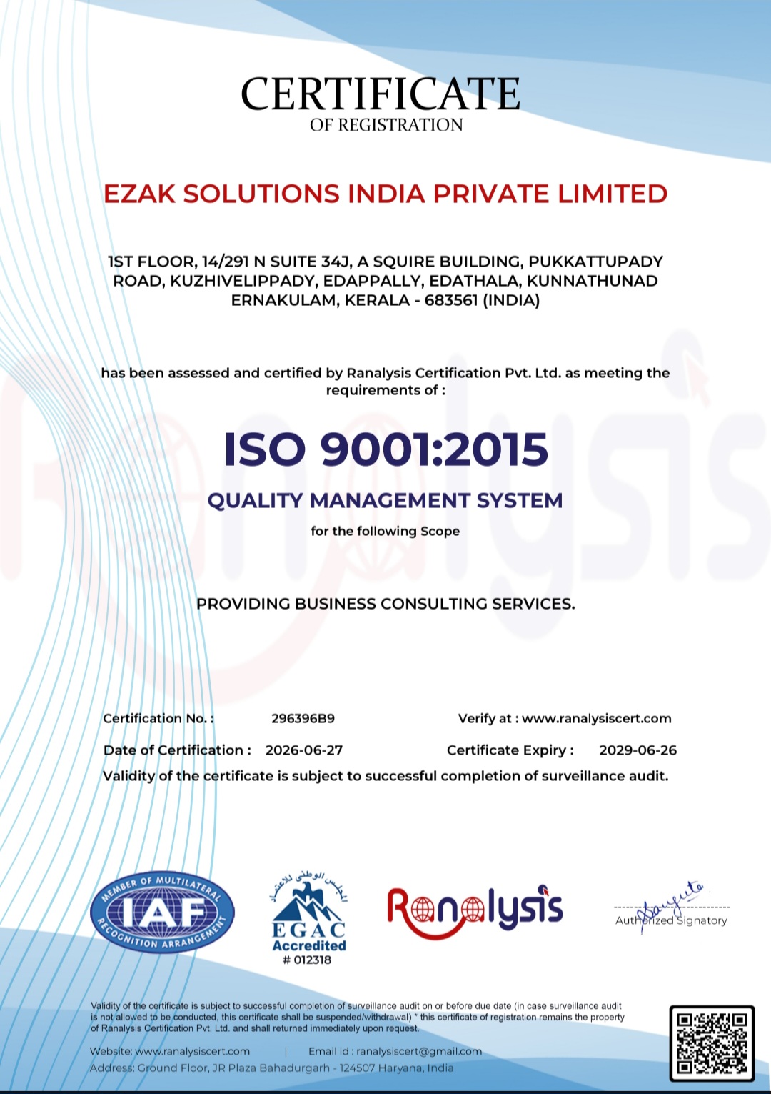 Ezak ISO Certificate